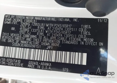 2013 Toyota Highlander Base Plus V6/Base V6/Se V6 from USA, damaged, VIN 5TDZK3EH8DS098151